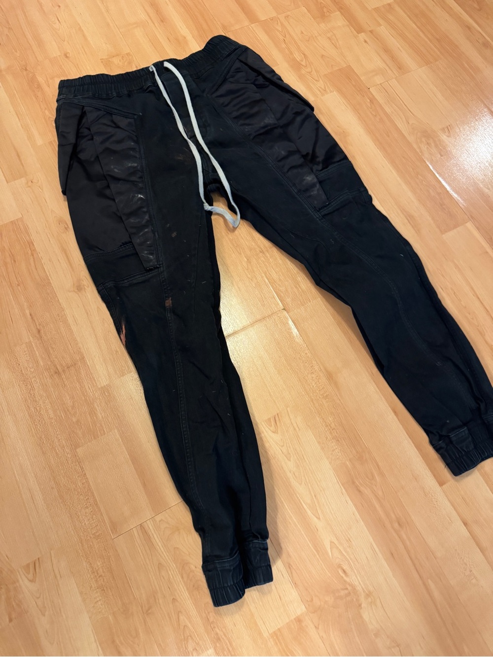 Rick Owens Black Panelled Jogger Pants with White Drawstring